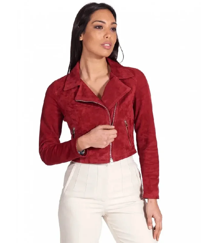 Womens Red Short Length Suede Biker Leather Jacket