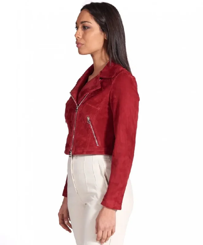 Womens Red Short Length Suede Biker Leather Jacket