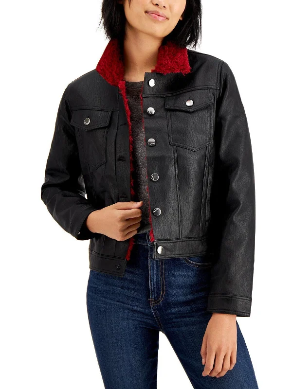 Womens Zipper Red Fur Collar Trucker Jacket