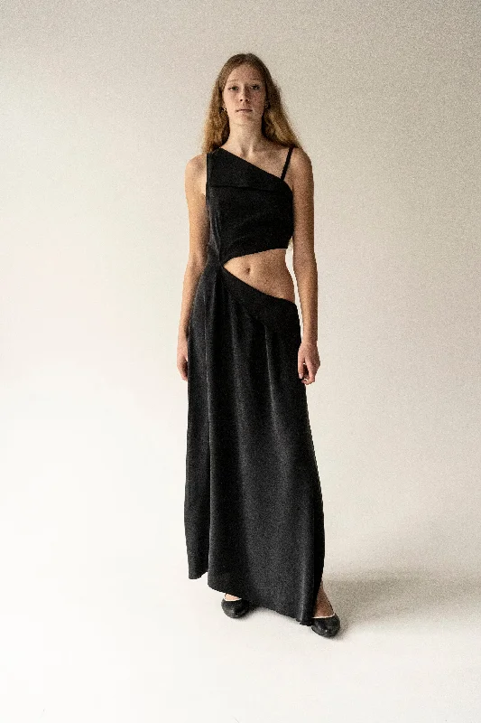 Black Pure Silk Katiusha Long Dress