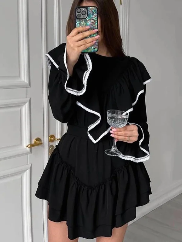 Lunivop Autumn Women Elegant Sweet Mini Dress Solid Black Long Sleeve Ruffle Flare Dress Female