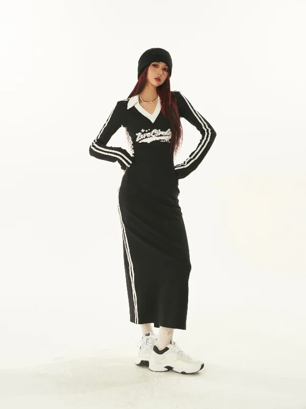 ZeroCircle Letter Embroidery Side Stripe Solid Color Black V-Neck Long Sleeve Slim Dress