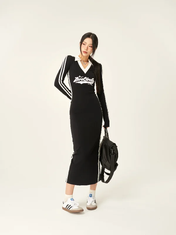 ZeroCircle Letter Embroidery Side Stripe Solid Color Black V-Neck Long Sleeve Slim Dress