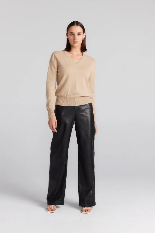 Essential Cashmere Rib V Sweater - Camel