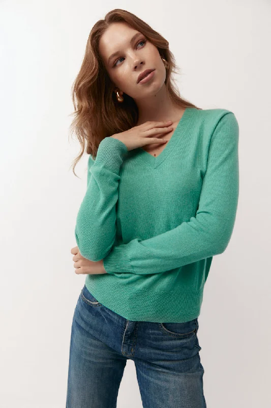 Essential Cashmere Rib V Sweater - Green Melange