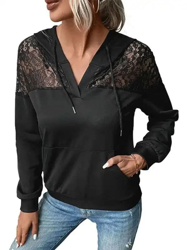 New long-sleeved black lace stitching women’s hooded sweater