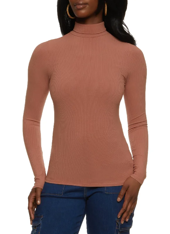 Solid Ribbed Knit Turtleneck Top