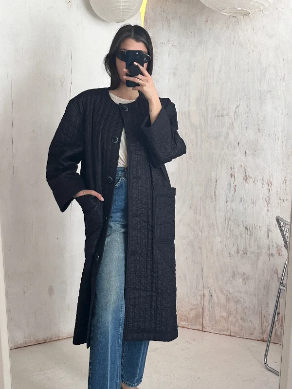 Dark navy collarless quilted liner coat