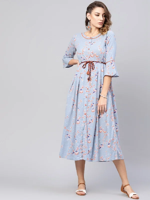 Women's  Blue & Orange Quirky Printed A-Line Dress - AKS
