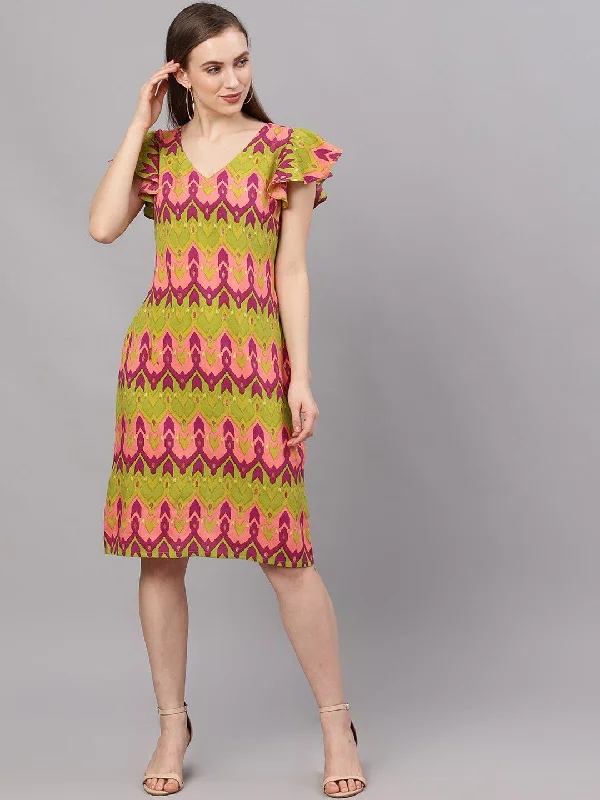 Women's  Green Printed A-Line Dress - AKS