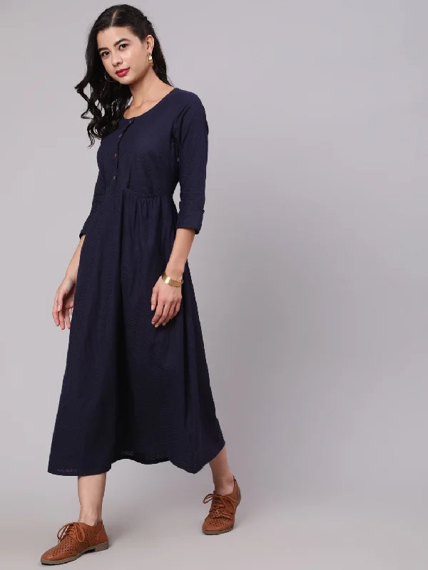 Women's Navy Blue Woven Design Gathered Dress - Aks