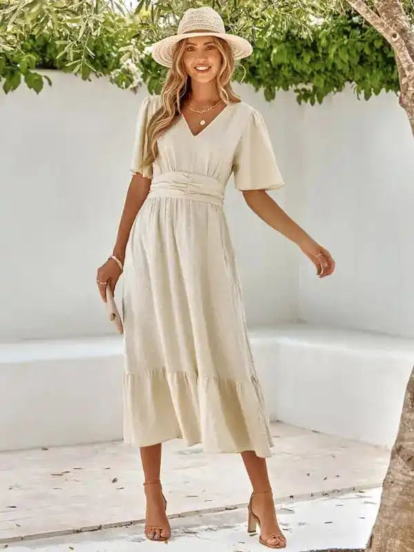 Women’s summer new V-neck lotus leaf sleeve solid color dress
