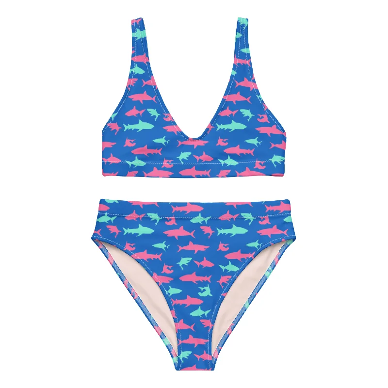 2-Pc Women's Eco-Recycled High Waist Bikini Set, Electric Blue Sharks Brazilian bikini, Sexy, Comfortable, Summer 2-Pc Women's Eco-Recycled High Waist Bikini Set, Electric Blue Sharks Brazilian bikini, Sexy, Comfortable, Summer
