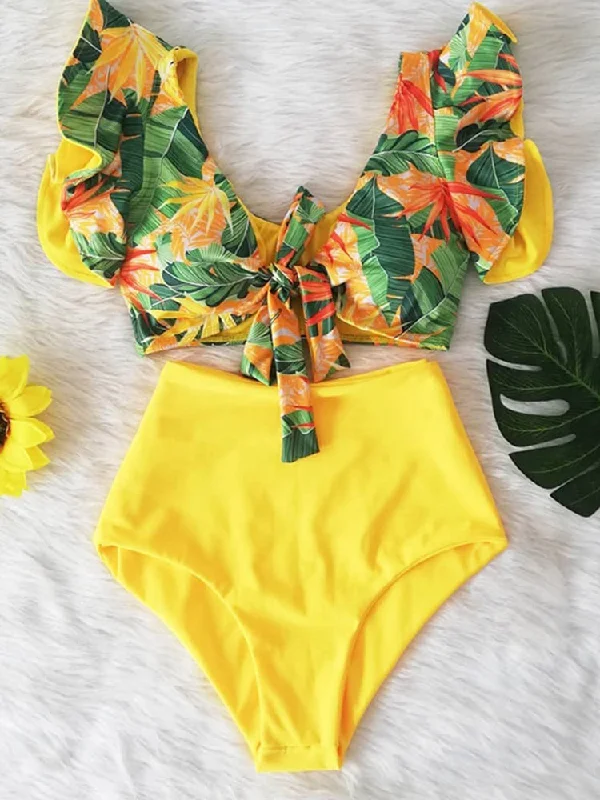 Floral Ruffled Hem Bikini Set Women Flora V-Neck High-Waisted Deep-V bikini, Sexy, Fashionable, Comfortable Floral Ruffled Hem Bikini Set Women Flora V-Neck High-Waisted Deep-V bikini, Sexy, Fashionable, Comfortable