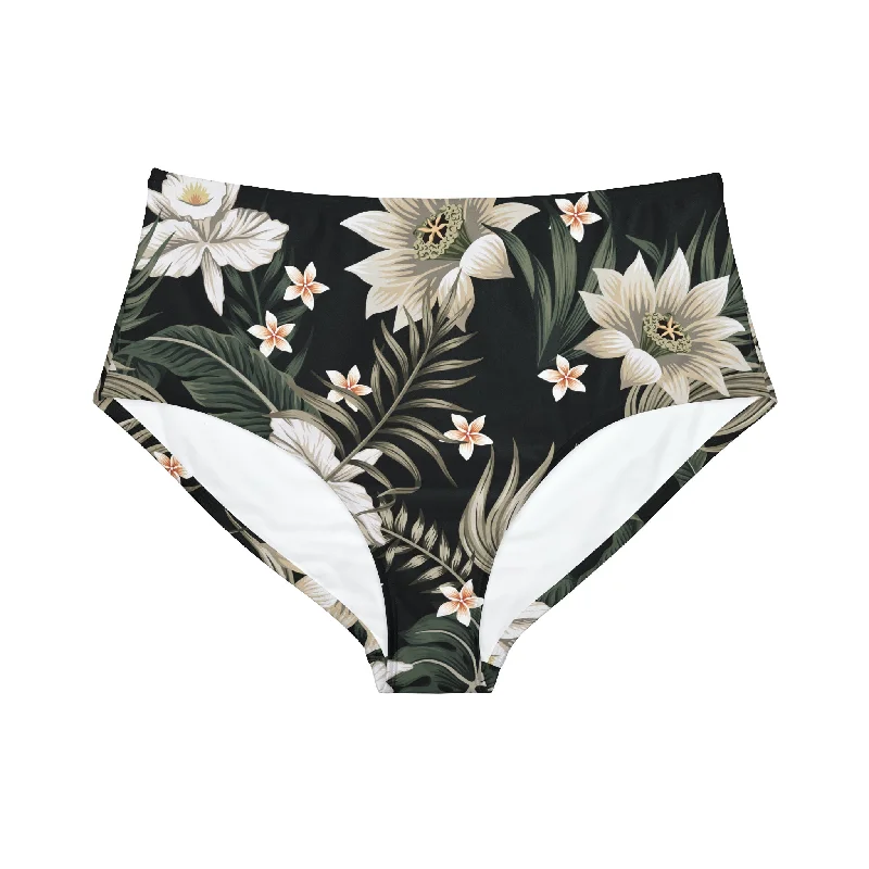 High Waist Bikini Bottoms, Black Hawaiian Lily Skirted bikini bottom, Feminine, Stylish, Comfortable High Waist Bikini Bottoms, Black Hawaiian Lily Skirted bikini bottom, Feminine, Stylish, Comfortable