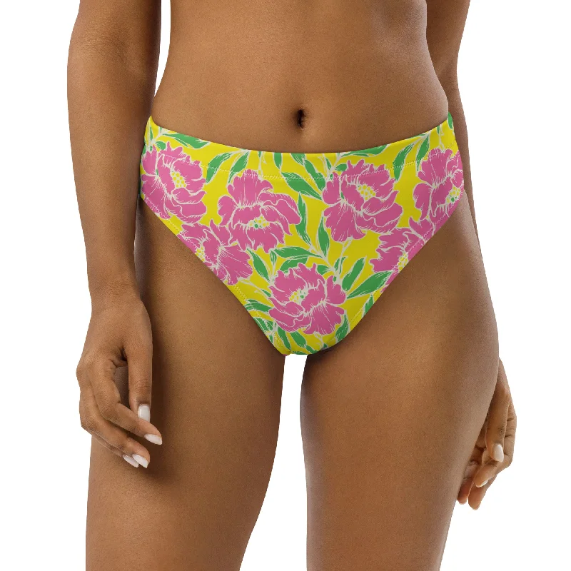 Recycled High Waist Cheeky Bikini Bottom, Pink Peonies Bikini with bow detail, Cute, Stylish, Trendy Recycled High Waist Cheeky Bikini Bottom, Pink Peonies Bikini with bow detail, Cute, Stylish, Trendy