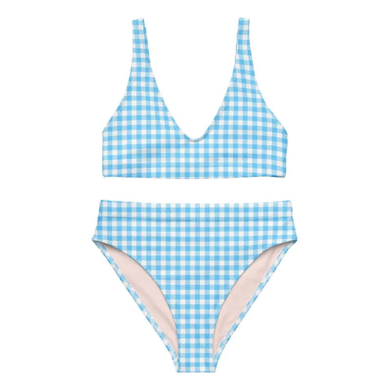 Women's Blue Gingham 2-Pc High-Waist Cheeky Bikini Bralette Set Twisted bikini top, Sexy, Trendy, Stylish Women's Blue Gingham 2-Pc High-Waist Cheeky Bikini Bralette Set Twisted bikini top, Sexy, Trendy, Stylish