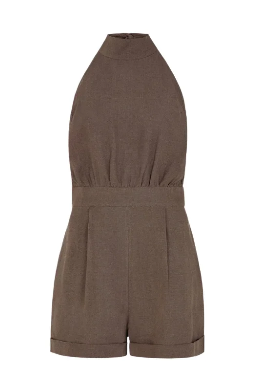 Louise Short Halterneck Jumpsuit in mocha Casual chic jumpsuit, Trendy, Comfortable, Relaxed Louise Short Halterneck Jumpsuit in mocha Casual chic jumpsuit, Trendy, Comfortable, Relaxed