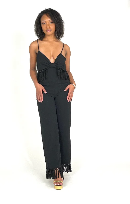 Black Fringe Tassel Jumpsuit Structured jumpsuit, Tailored fit, Sleek, Professional