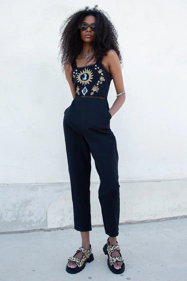 Black Leopard Embroidered Jumpsuit Ruffle jumpsuit, Feminine, Trendy, Elegant