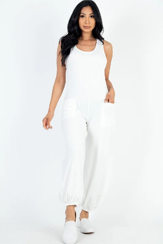Casual Solid French Terry Sleeveless Scoop Neck Front Pocket Jumpsuit Tailored wide-leg jumpsuit, Chic, Elegant, Comfortable Casual Solid French Terry Sleeveless Scoop Neck Front Pocket Jumpsuit Tailored wide-leg jumpsuit, Chic, Elegant, Comfortable