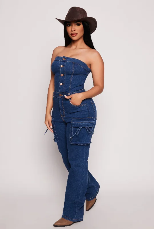 Daisy Denim Cargo Strapless Jumpsuit Loose jumpsuit, Comfortable, Casual, Trendy