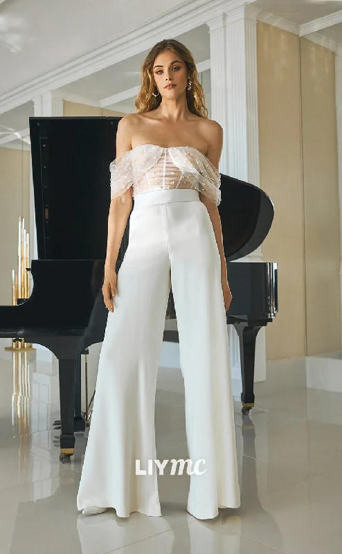 LW310 - Off Shoulder Sheer Beaded Tulle Satin Long Wedding Jumpsuit Layered jumpsuit, Fashionable, Trendy, Chic LW310 - Off Shoulder Sheer Beaded Tulle Satin Long Wedding Jumpsuit Layered jumpsuit, Fashionable, Trendy, Chic