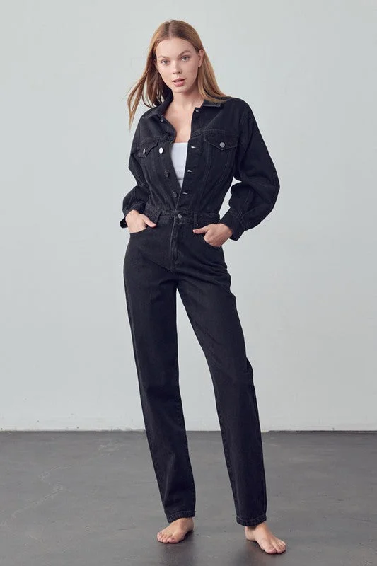 High Waist Flap Pocket Half Button Denim Jumpsuit Chic jumpsuit, Minimal design, Sleek, Trendy High Waist Flap Pocket Half Button Denim Jumpsuit Chic jumpsuit, Minimal design, Sleek, Trendy