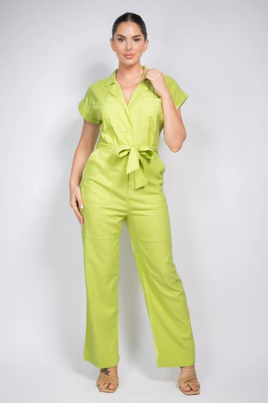 Belted Button-down Linen Jumpsuit Lace-up jumpsuit, Trendy, Sexy, Fashionable