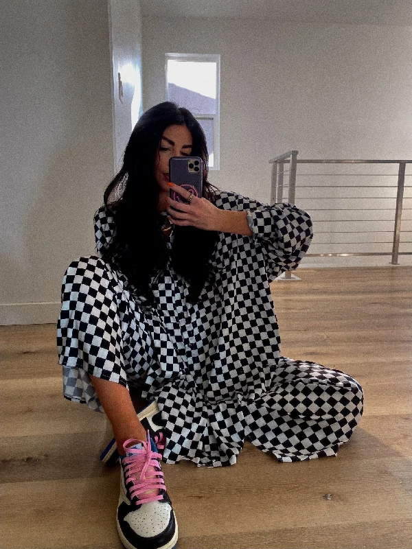 Lala Satin Playsuit in Checkerboard Jumpsuit with tie waist, Slim fit, Comfortable, Stylish Lala Satin Playsuit in Checkerboard Jumpsuit with tie waist, Slim fit, Comfortable, Stylish