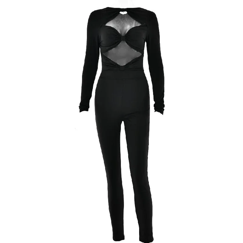 Long sleeve hollow out ruched solid jumpsuit Slim fit jumpsuit, Tailored design, Chic, Stylish Long sleeve hollow out ruched solid jumpsuit Slim fit jumpsuit, Tailored design, Chic, Stylish