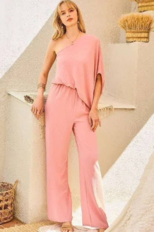 One Shoulder 3/4 Sleeve Unbalanced Waist Elastic Solid Pants Jumpsuit Long sleeve jumpsuit, Cozy, Fall collection, Stylish One Shoulder 3/4 Sleeve Unbalanced Waist Elastic Solid Pants Jumpsuit Long sleeve jumpsuit, Cozy, Fall collection, Stylish