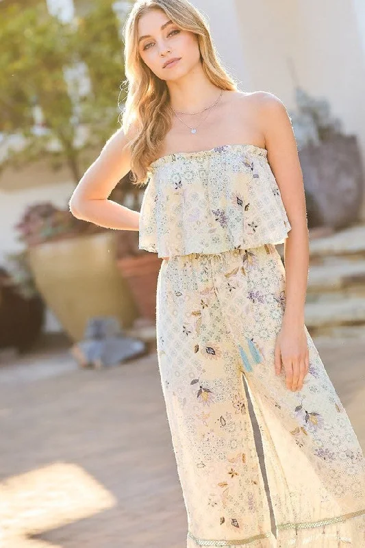 Tube Top With Tier Ruffle Waist Elastic Bottom Lace Trim Jumpsuit Buttoned jumpsuit, Casual, Comfortable, Trendy Tube Top With Tier Ruffle Waist Elastic Bottom Lace Trim Jumpsuit Buttoned jumpsuit, Casual, Comfortable, Trendy