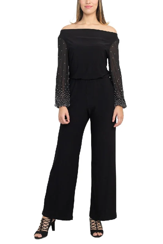 Marina Off Shoulder Embellished Chiffon Long Sleeve Blouson Solid Jersey Jumpsuit Strap jumpsuit, Simple design, Casual, Everyday wear Marina Off Shoulder Embellished Chiffon Long Sleeve Blouson Solid Jersey Jumpsuit Strap jumpsuit, Simple design, Casual, Everyday wear