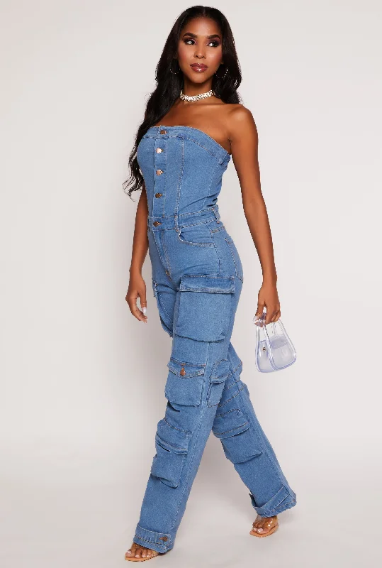 Daisy Denim Strapless Button Front Cargo Jumpsuit Elegant black jumpsuit, Night out, Sleek, Fashionable Daisy Denim Strapless Button Front Cargo Jumpsuit Elegant black jumpsuit, Night out, Sleek, Fashionable