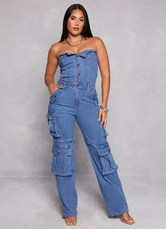 Daisy Solid Strapless Cargo Denim Jumpsuit High-neck jumpsuit, Modest, Elegant, Trendy Daisy Solid Strapless Cargo Denim Jumpsuit High-neck jumpsuit, Modest, Elegant, Trendy