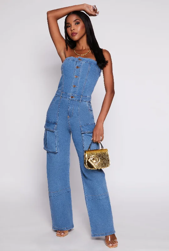 Daisy Strapless Denim Cargo Jumpsuit Metallic jumpsuit, Glamorous, Fashionable, Elegant Daisy Strapless Denim Cargo Jumpsuit Metallic jumpsuit, Glamorous, Fashionable, Elegant