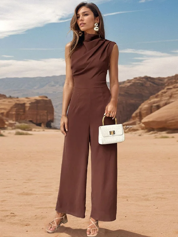 Ruched Mock Neck Sleeveless Jumpsuit Jumpsuit with buttons, Relaxed fit, Street style, Comfortable Ruched Mock Neck Sleeveless Jumpsuit Jumpsuit with buttons, Relaxed fit, Street style, Comfortable
