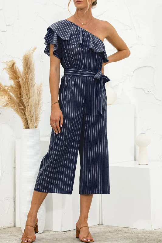 Ruffled Single Shoulder Tie Waist Jumpsuit High-waisted jumpsuit, Sleek, Comfortable, Trendy Ruffled Single Shoulder Tie Waist Jumpsuit High-waisted jumpsuit, Sleek, Comfortable, Trendy