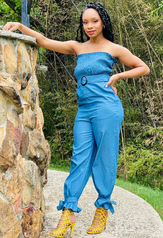 Sassyn Denim Off Shoulder Jumpsuit Party jumpsuit, Glamorous, Elegant, Trendy