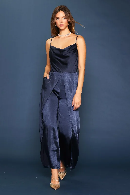 Satin Cami Cowl Neck Jumpsuit Navy Lace jumpsuit, Elegant, Sheer, Feminine