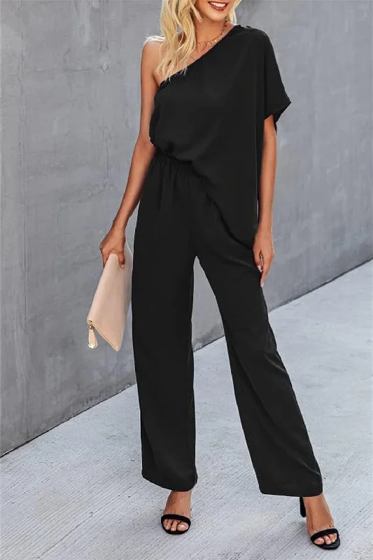 Single Shoulder Short Sleeve Jumpsuit Denim blue jumpsuit, Classic, Casual chic, Stylish Single Shoulder Short Sleeve Jumpsuit Denim blue jumpsuit, Classic, Casual chic, Stylish