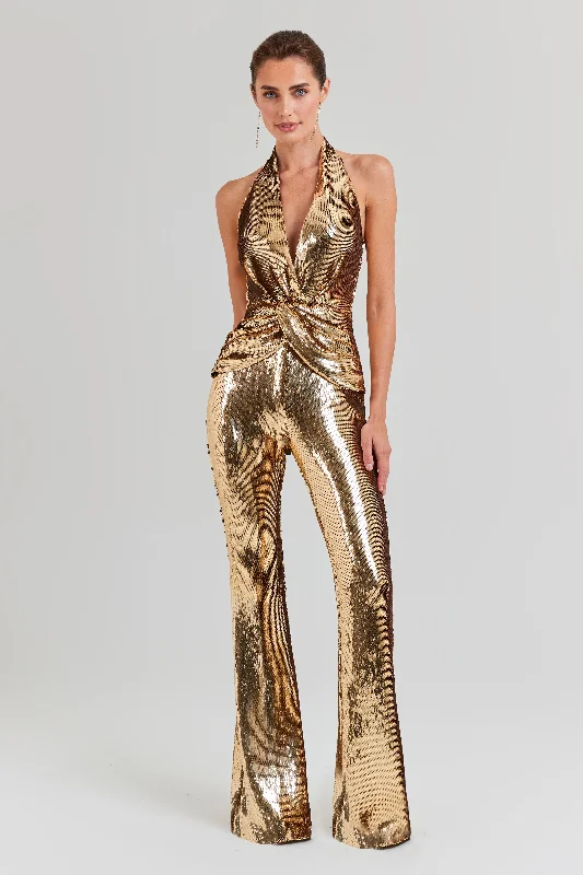 Tianna Gold Jumpsuit Tight fit jumpsuit, Sleek, Sexy, Trendy