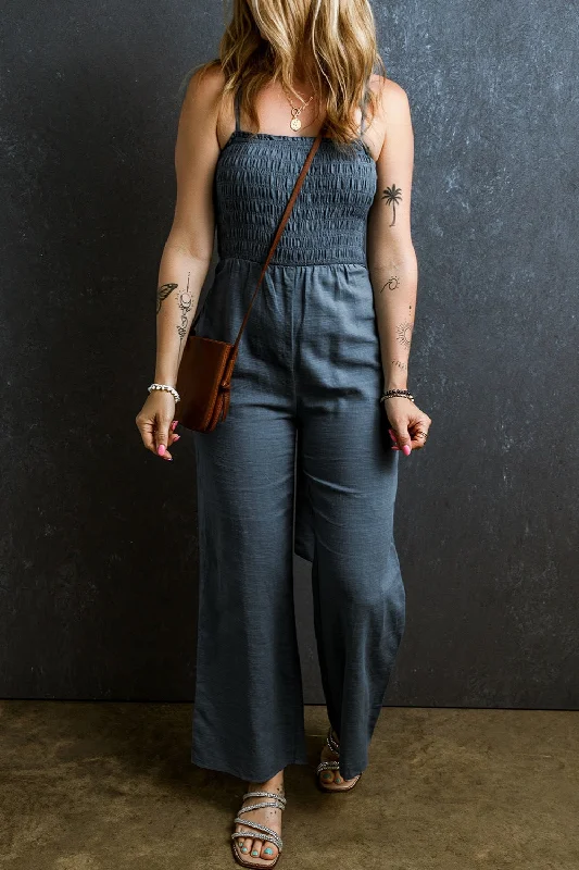 Tied Smocked Wide Leg Jumpsuit Casual romper jumpsuit, Comfortable, Trendy, Playful