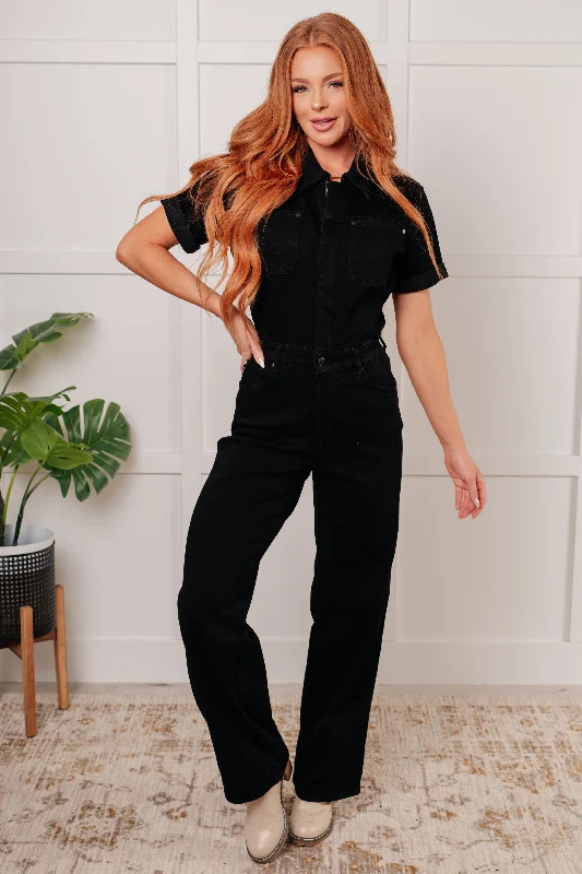 Tilda Short Sleeve Control Top Denim Jumpsuit Boat neck jumpsuit, Simple style, Elegant, Chic Tilda Short Sleeve Control Top Denim Jumpsuit Boat neck jumpsuit, Simple style, Elegant, Chic
