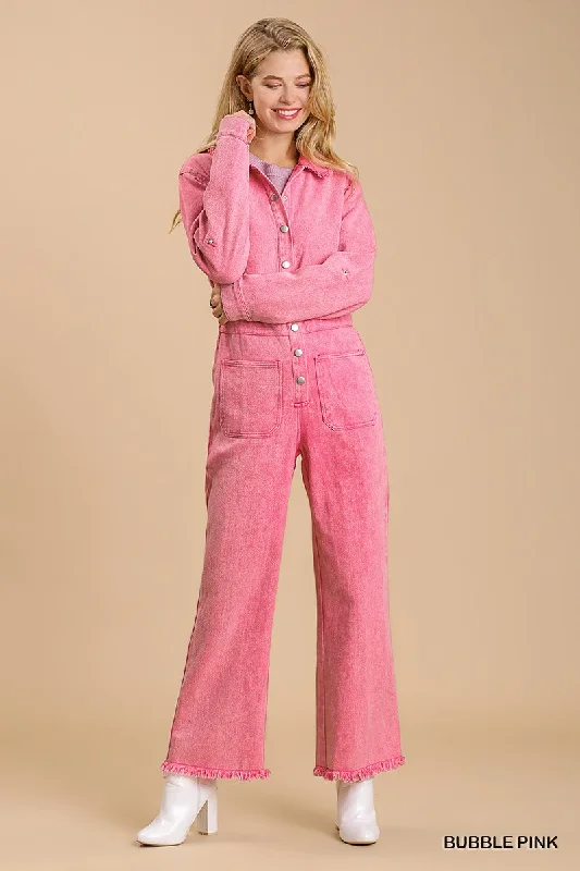 Mid button down stone wash wide leg distressed jumpsuit & side pockets with no lining Relaxed fit jumpsuit, Casual style, Comfortable, Trendy Mid button down stone wash wide leg distressed jumpsuit & side pockets with no lining Relaxed fit jumpsuit, Casual style, Comfortable, Trendy
