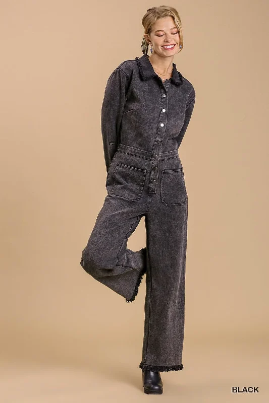 Mid button down stone wash wide leg distressed jumpsuit & side pockets with no lining Fitted jumpsuit, Sleek design, Casual, Stylish Mid button down stone wash wide leg distressed jumpsuit & side pockets with no lining Fitted jumpsuit, Sleek design, Casual, Stylish