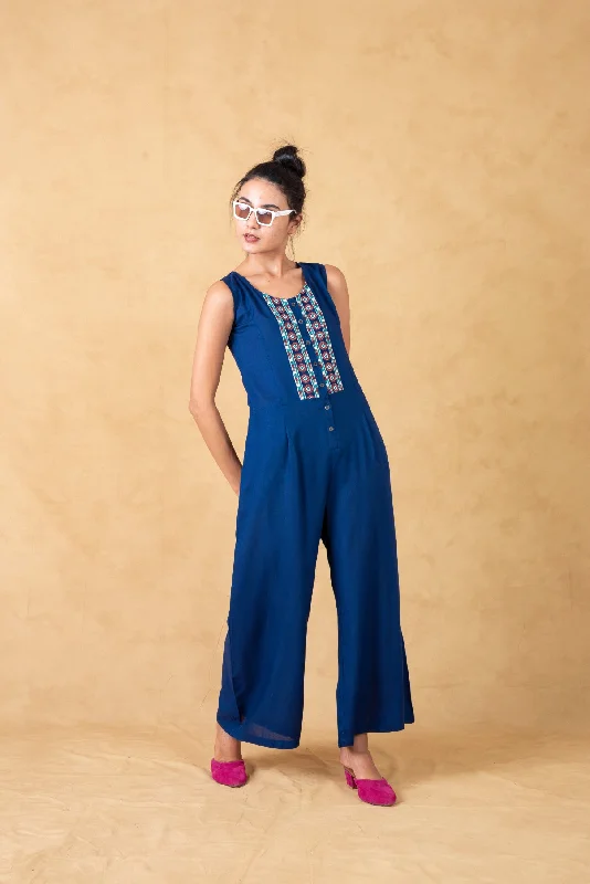 Blue Front Open Jumpsuit With Embroidery Wide leg black jumpsuit, Elegant, Formal wear, Chic Blue Front Open Jumpsuit With Embroidery Wide leg black jumpsuit, Elegant, Formal wear, Chic