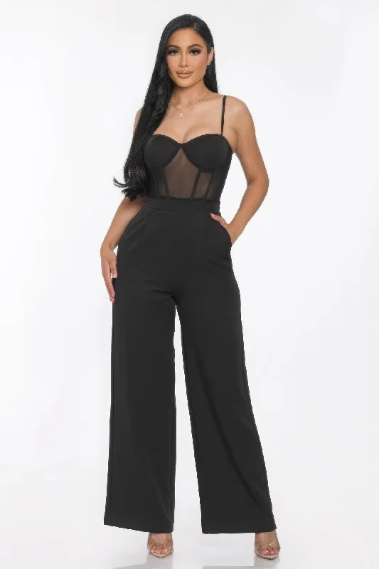 Mesh Insert Cup Wide Leg Jumpsuit One-shoulder jumpsuit, Sexy, Fashionable, Night out Mesh Insert Cup Wide Leg Jumpsuit One-shoulder jumpsuit, Sexy, Fashionable, Night out