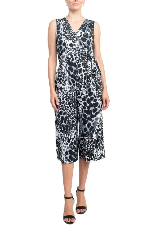 Emma & Michele V-Neck Sleeveless Tie Side Multi Print Pockets ITY Jumpsuit Silk jumpsuit, Luxurious, Elegant, Glamorous Emma & Michele V-Neck Sleeveless Tie Side Multi Print Pockets ITY Jumpsuit Silk jumpsuit, Luxurious, Elegant, Glamorous
